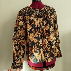 Ana A New Approach Womens Floral Paisley Smocked Peasant Blouse Black Size Small